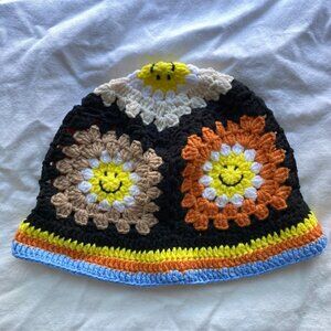 Handmade Crochet Granny Square Smile Face Bucket Hat, Kidcore Hat